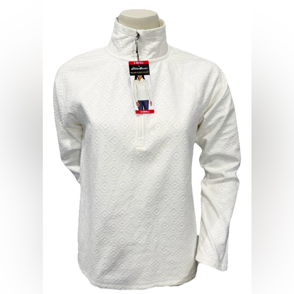 Eddie Bauer Women’s Polar Fleece 1/4 Zip Pullover Ivory Embossed Geo XS NWT